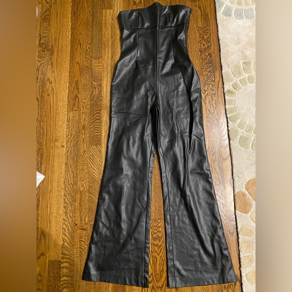 Zara Black Faux Leather Strapless Jumpsuit